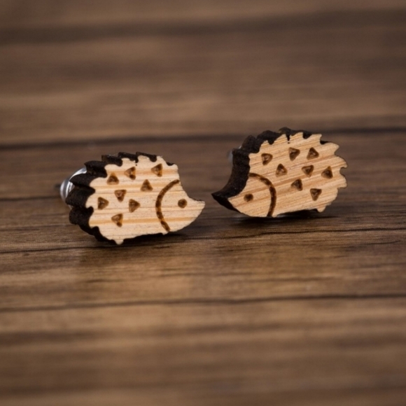 "Hedgehog" Handmade Wood Stud Earrings - Picture 1 of 4